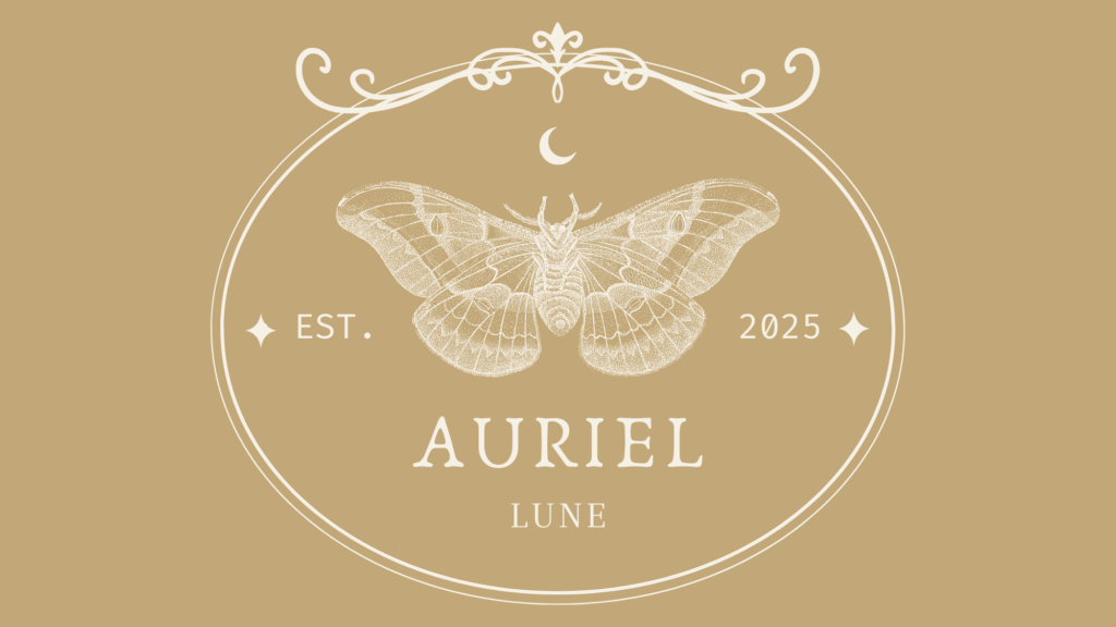 Variation of the Auriel Lune logo with a detailed moth illustration, crescent moon, and elegant gold background.