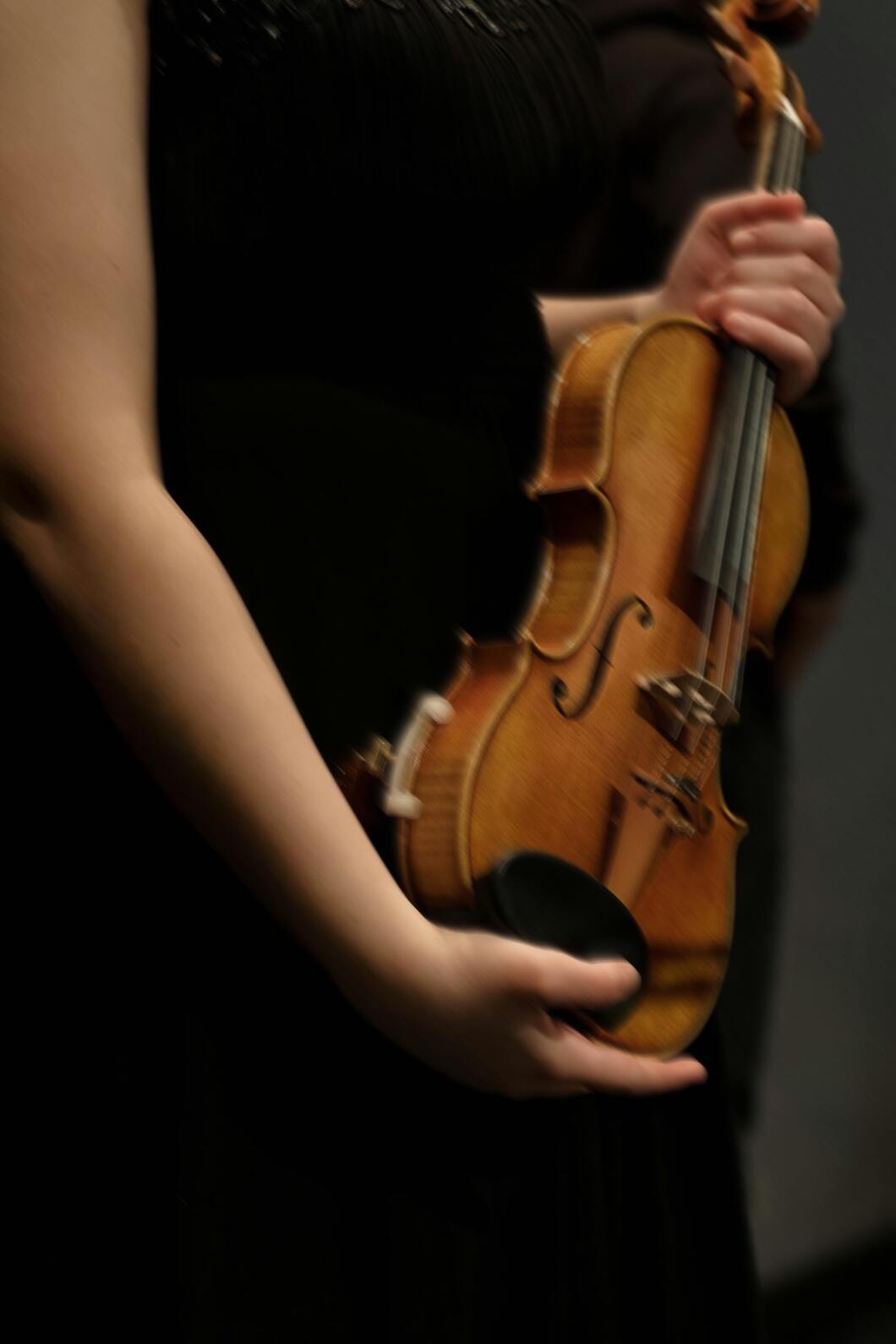 Person holding a violin before a classical music performance